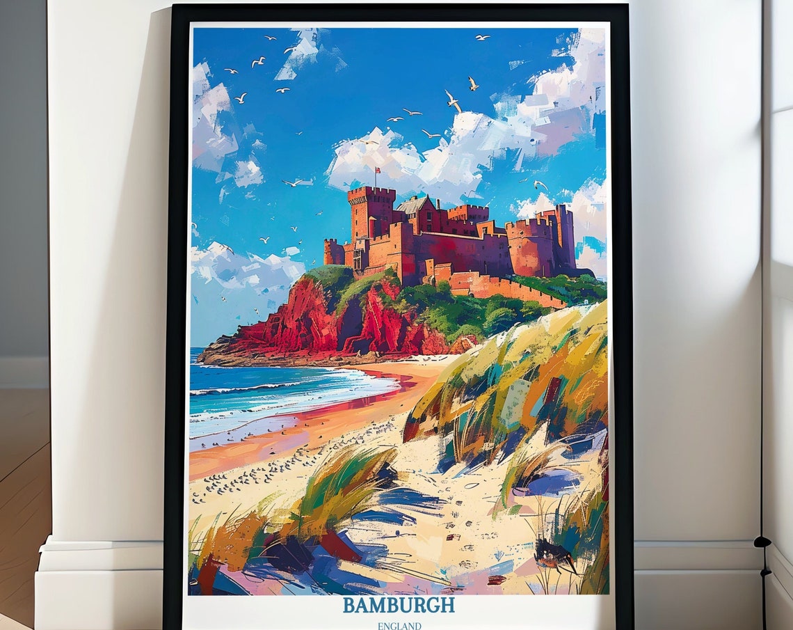 Bamburgh Castle Beach and Sandy Dunes Under Bright Summer Sky Poster
