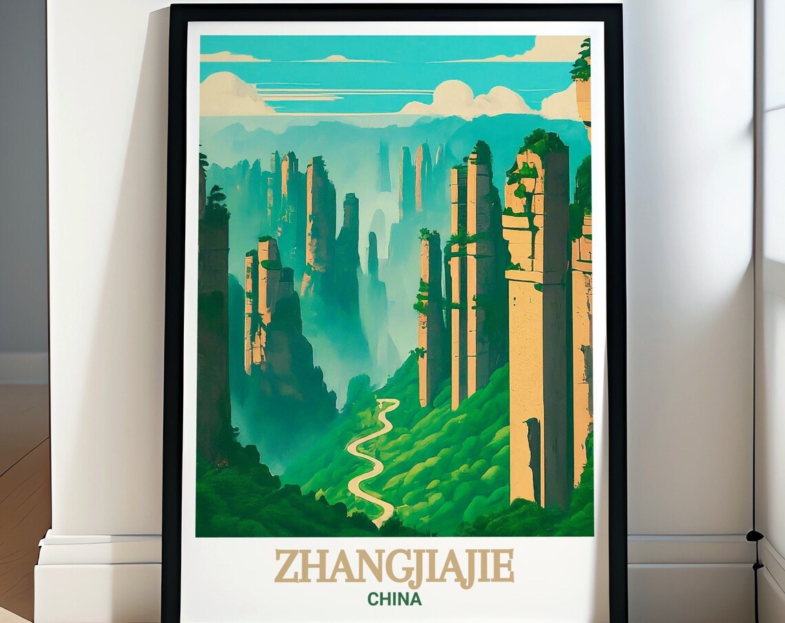 Zhangjiajie China Sandstone Pillars Misty Peaks Travel Poster
