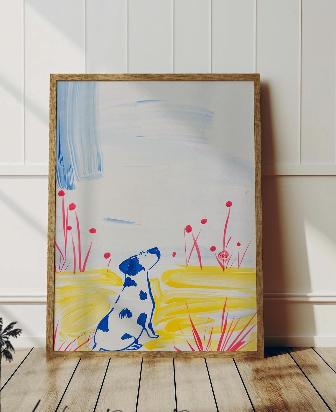 Colorful Watercolor Dog Sitting In Yellow Summer Field Flowers Art Poster
