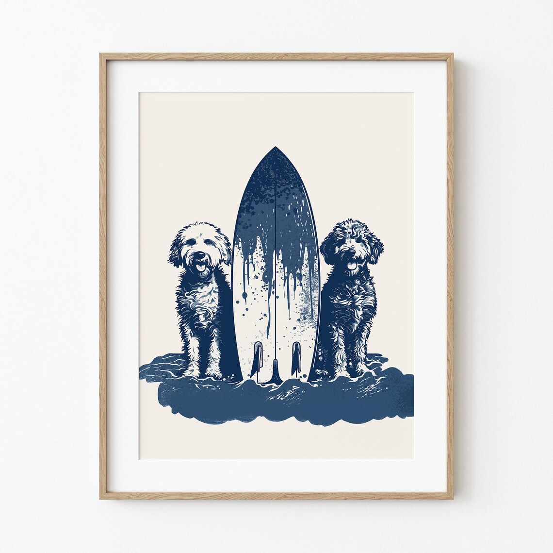 Happy Doodle Dogs With Surfboard Beach Art Print