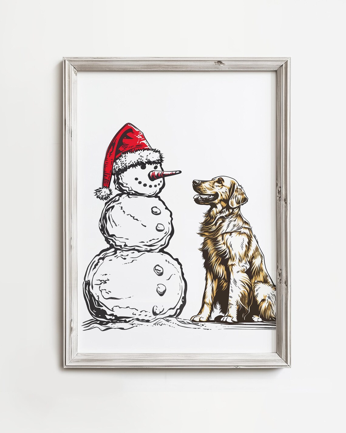 Golden Retriever and Snowman Red Santa Hat Christmas Sketch Wall Art