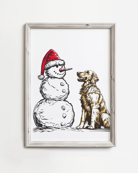 Golden Retriever and Snowman Red Santa Hat Christmas Sketch Wall Art