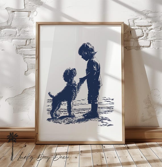Beach Golden Doodle Shaking Hands With Boy Vintage Coastal Home Print Nursery Room Wall Art Cute Summer Navy Blue Sketch