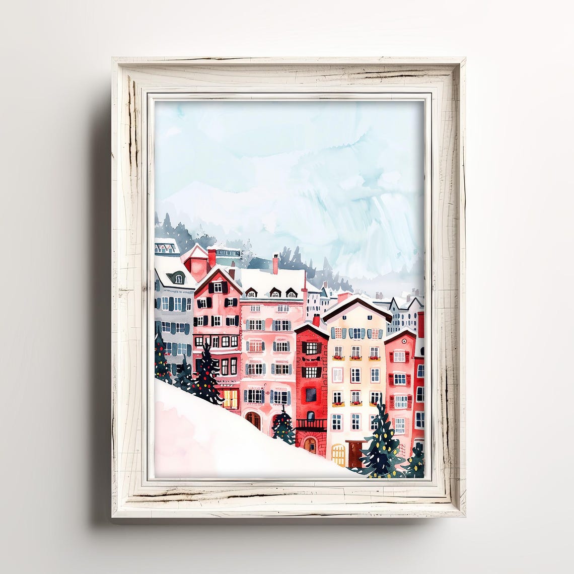 Charming Snowy Alpine Village Winter Watercolor Mountain Poster