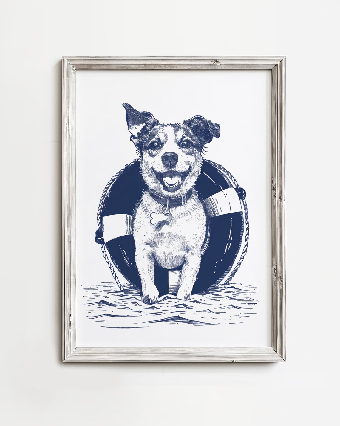 Happy Terrier with Life Buoy Navy Blue Nautical Sketch Dog Poster