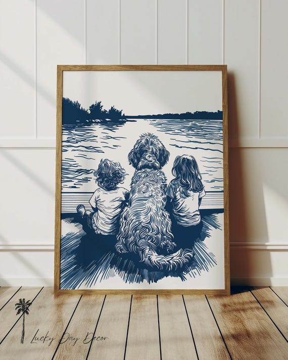Dockside Doodle With Girls Fun Coastal Dog Art Cute Nursery Room Print Summertime Beach Cottage Decor Lover Gift Blue Sketch