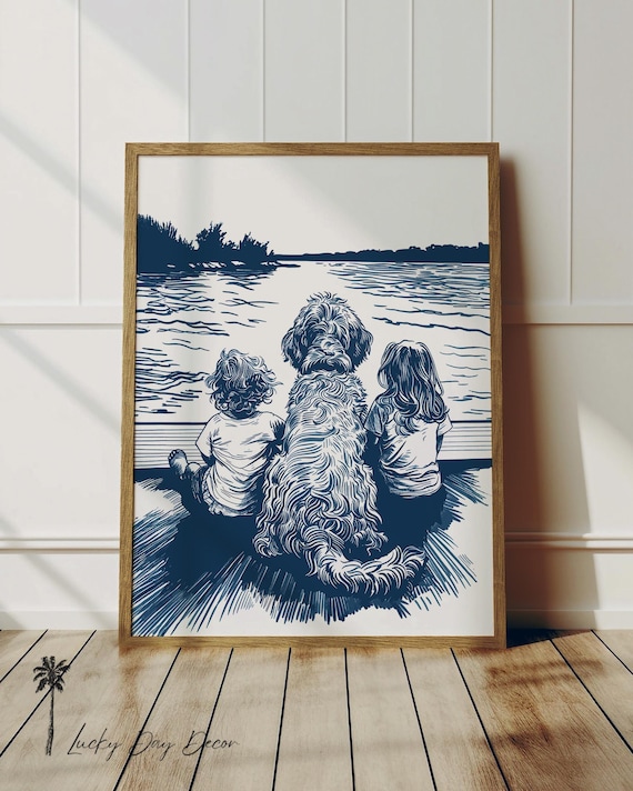 Kids And Shaggy Dog On Dock Sweet Navy Blue Lake Line Art Poster