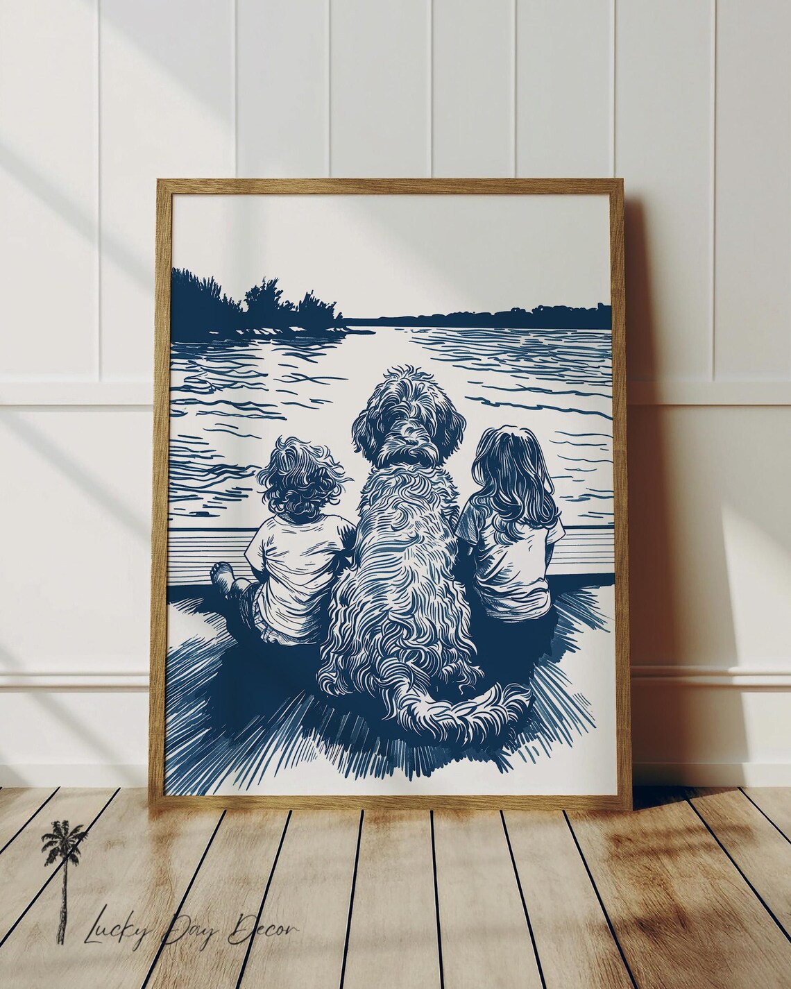 Kids And Shaggy Dog On Dock Sweet Navy Blue Lake Line Art Poster