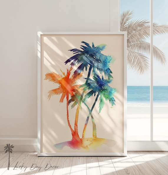 Watercolor Palm Trees Rainbow Sunset Beach Tropical Colorful Poster