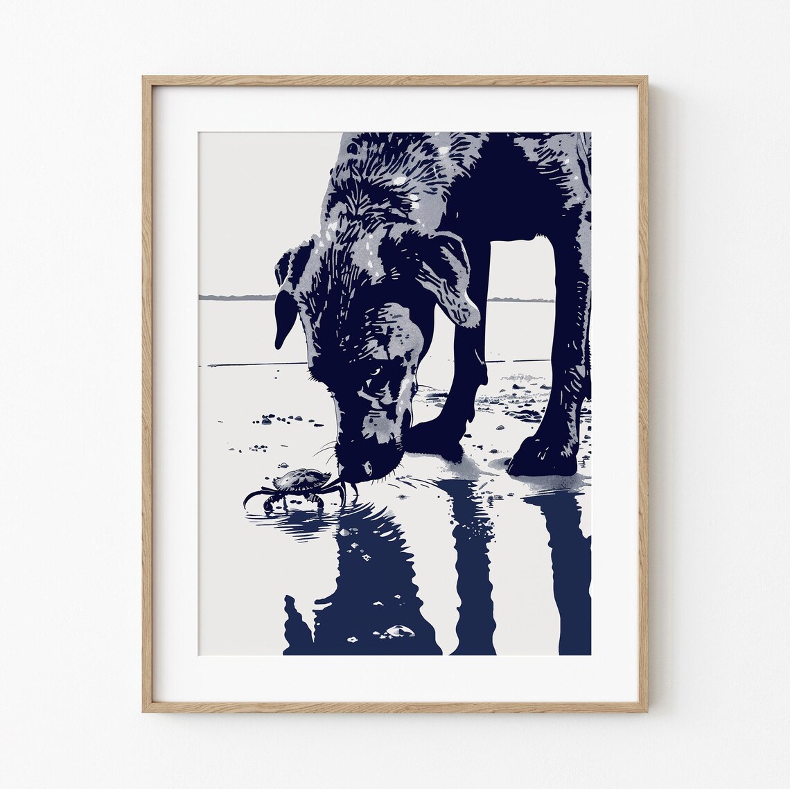 Black Labrador Finds Crab, Coastal Dog Art Print