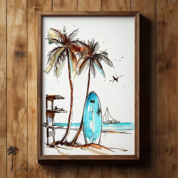 Retro Tropical Island Watercolor Palms Lifeguard Stand Surfboard Sail Poster