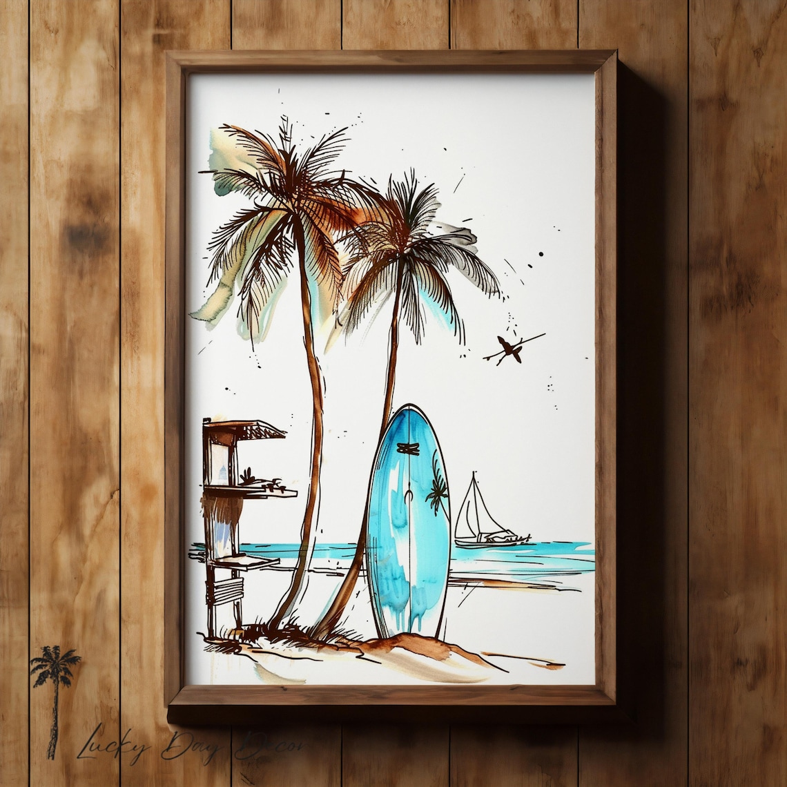 Retro Tropical Island Watercolor Palms Lifeguard Stand Surfboard Sail Poster