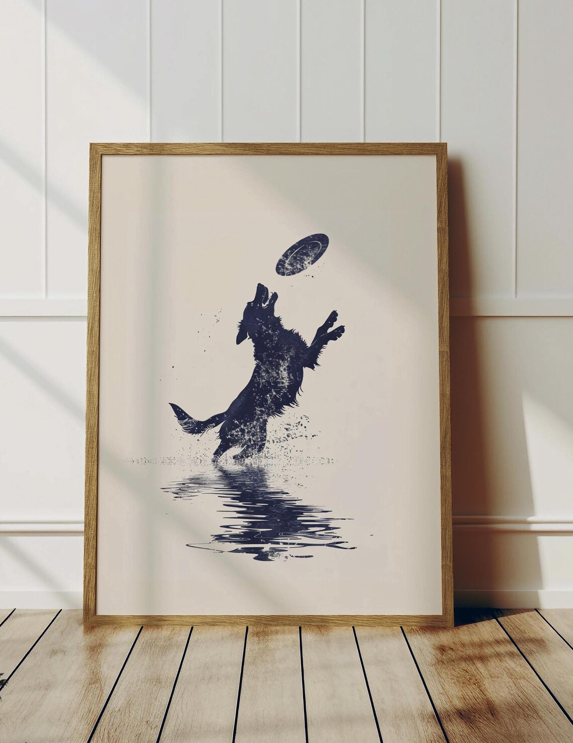 Jumping Dog Catching Frisbee Over Water Navy Silhouette Art Poster