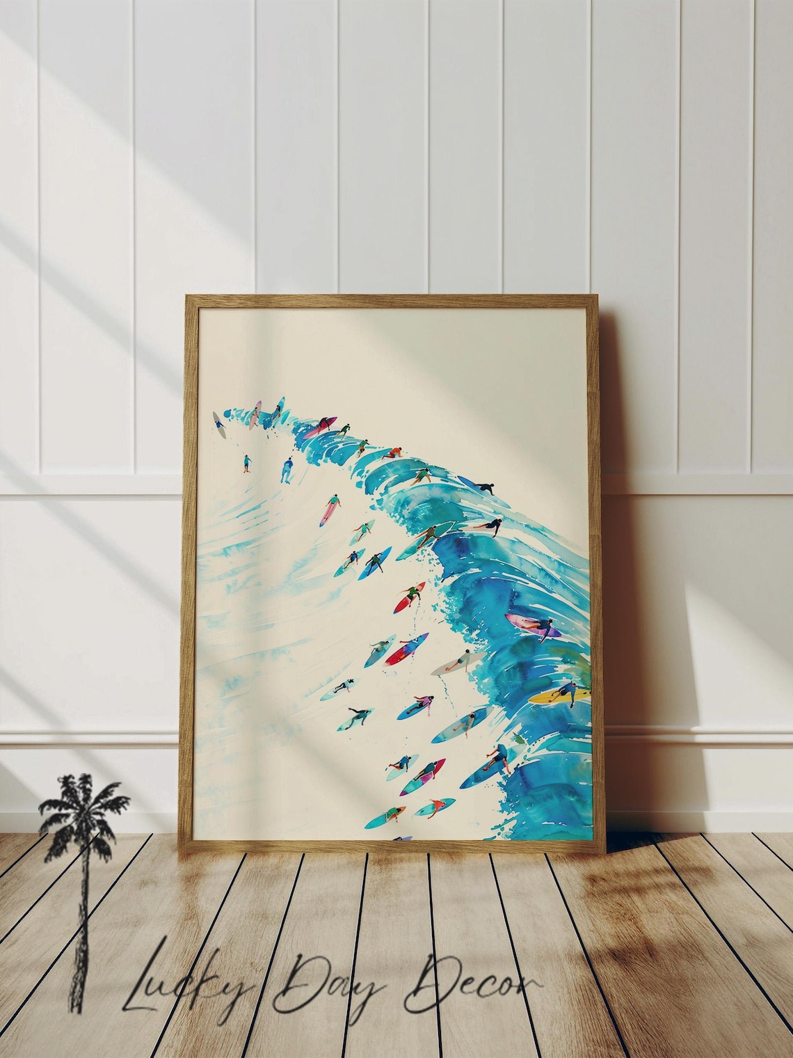 Surfers Riding A Giant Curling Wave Watercolor Surf Art Print