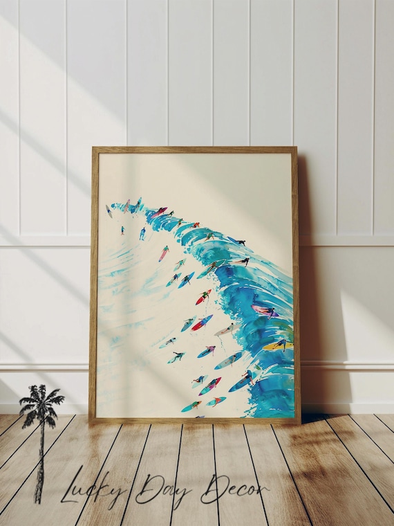 Surfers Riding A Giant Curling Wave Watercolor Surf Art Print