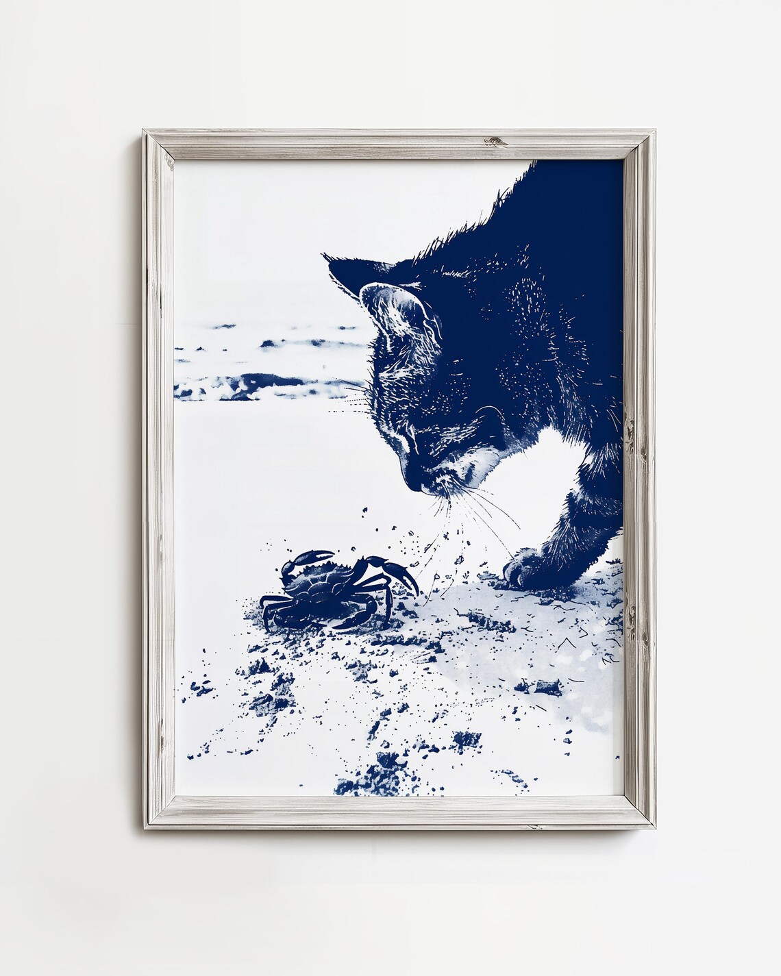 Tabby Cat Finds Crab Beach Art Print, Coastal Sketch