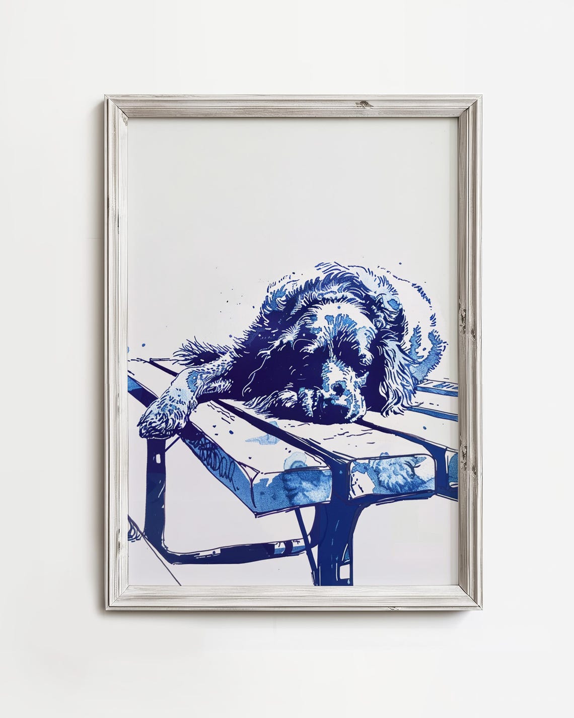 Sleeping Doodle Dog Nap On Picnic Table Blue Watercolor Art Poster