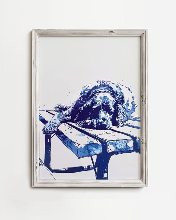 Picnic Table Nap Adorable Sleeping Dog Cabin Cottage Art Home Wall Decor For Canine Lovers Retro Blue Sketch Print Minimalist