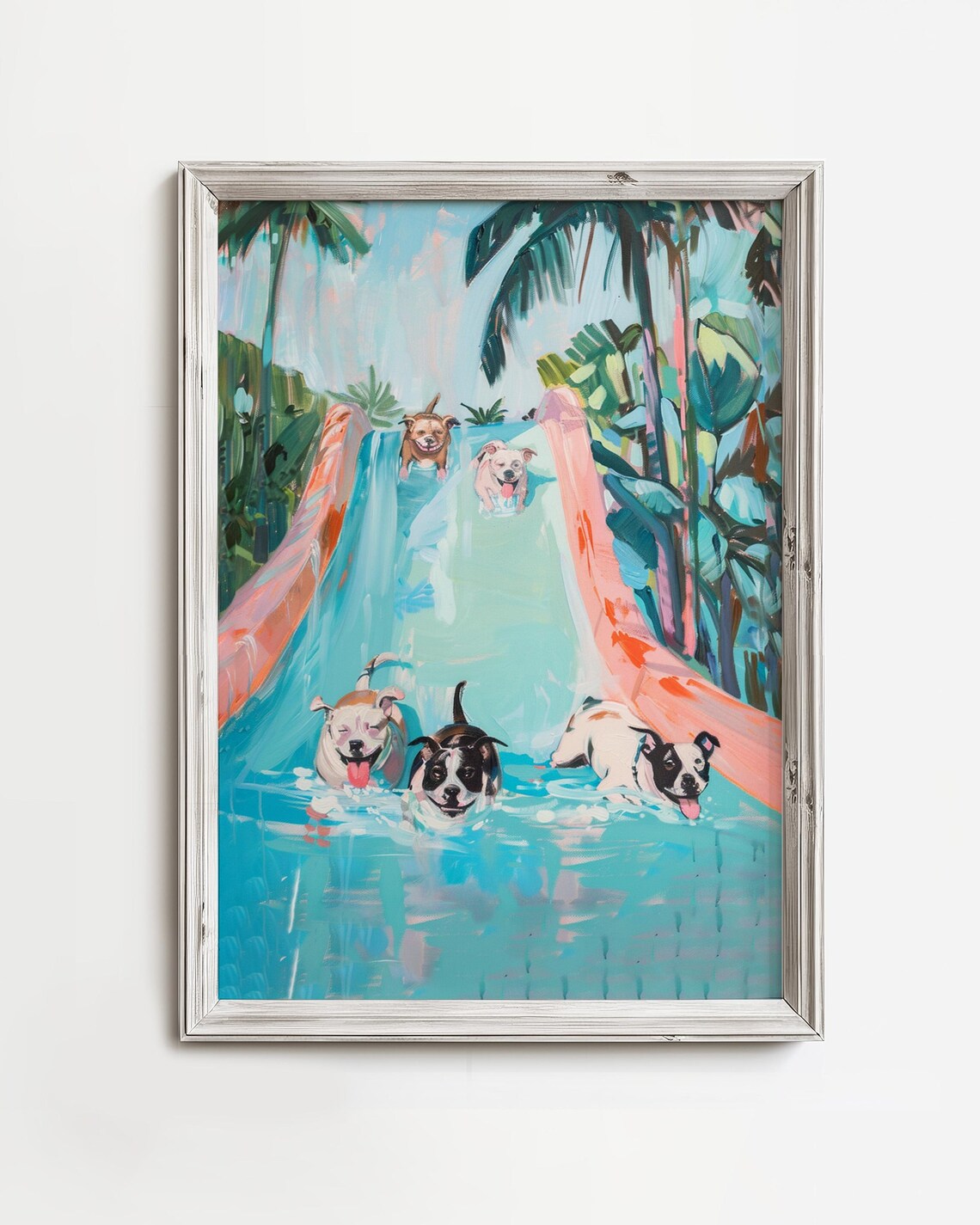 Dogs Pool Slide Paradise Retro Pastel Art Print