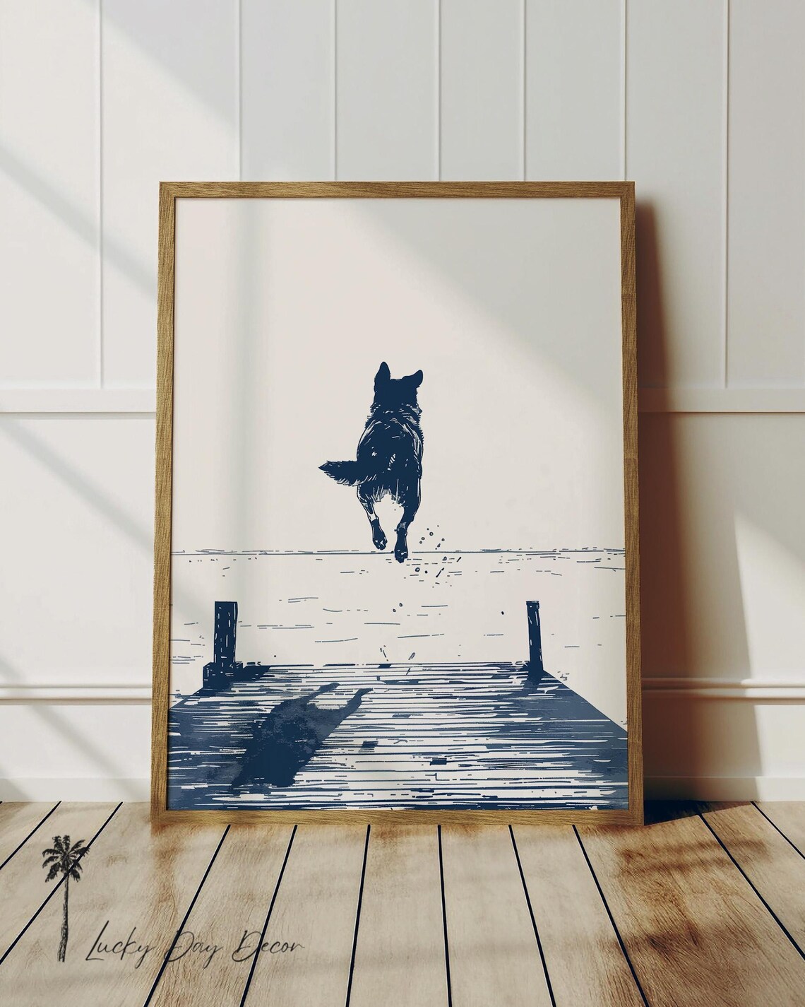 Happy German Shepherd Dock Coastal Dog Art Print