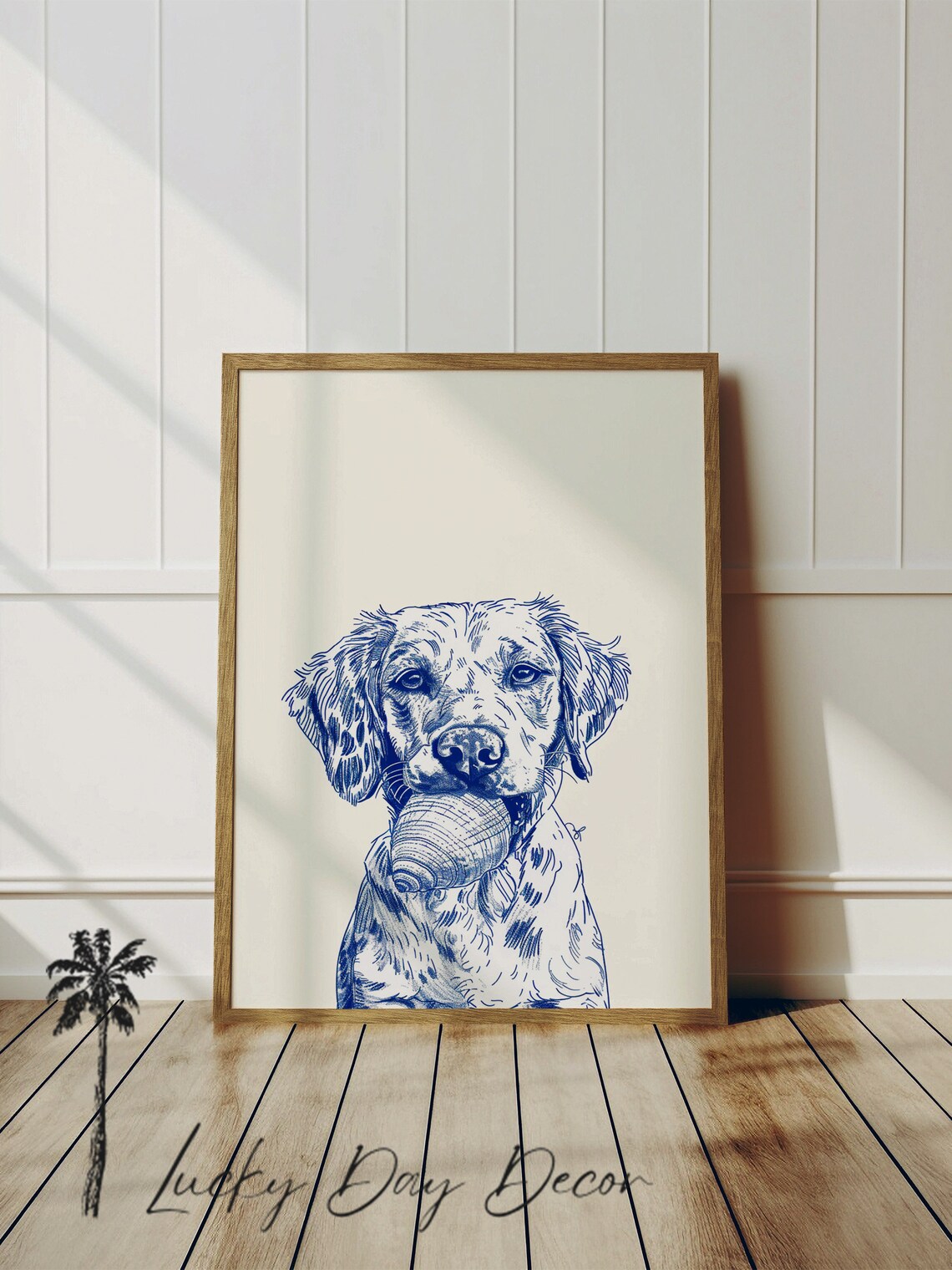 Golden Retriever Puppy Holding a Ball Blue Ink Dog Portrait Poster