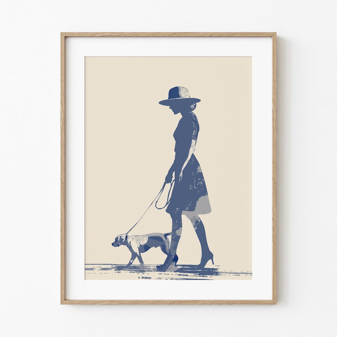 Woman Walking Puppy Beach Silhouette Coastal Minimalist Art Print