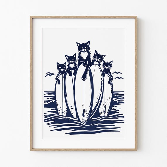 Cats On Boards Beach Cat Art, Whimsical Coastal Decor