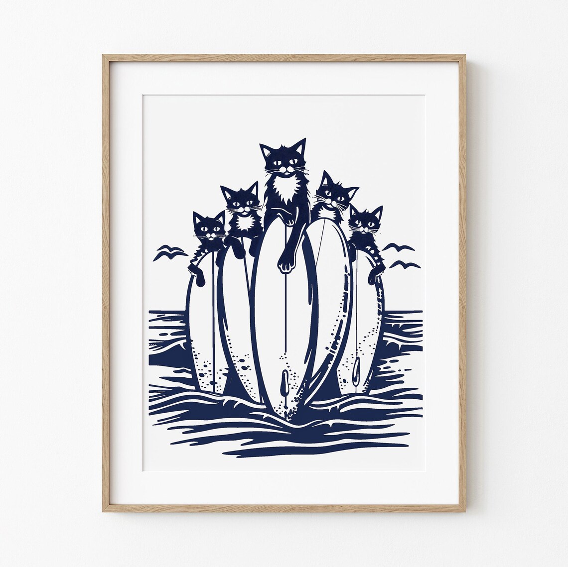 Cats On Boards Beach Cat Art, Whimsical Coastal Decor