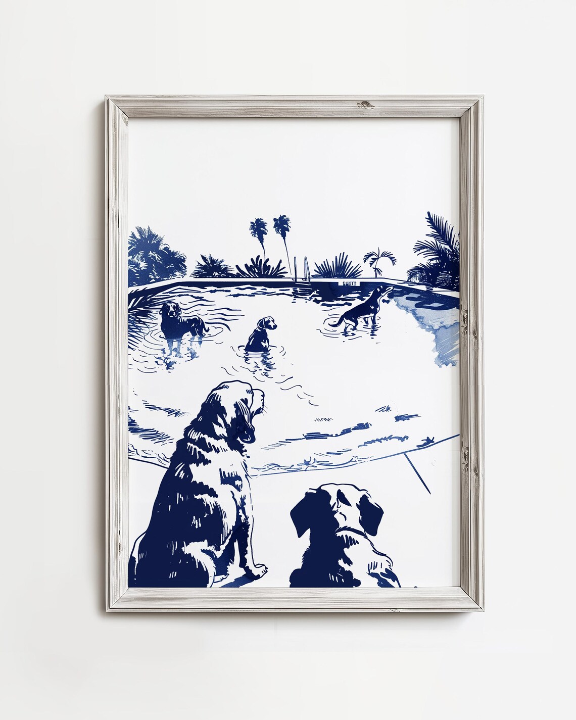 Dogs Swimming Pool Party Blue Ink Summer Illustration Fun Poster