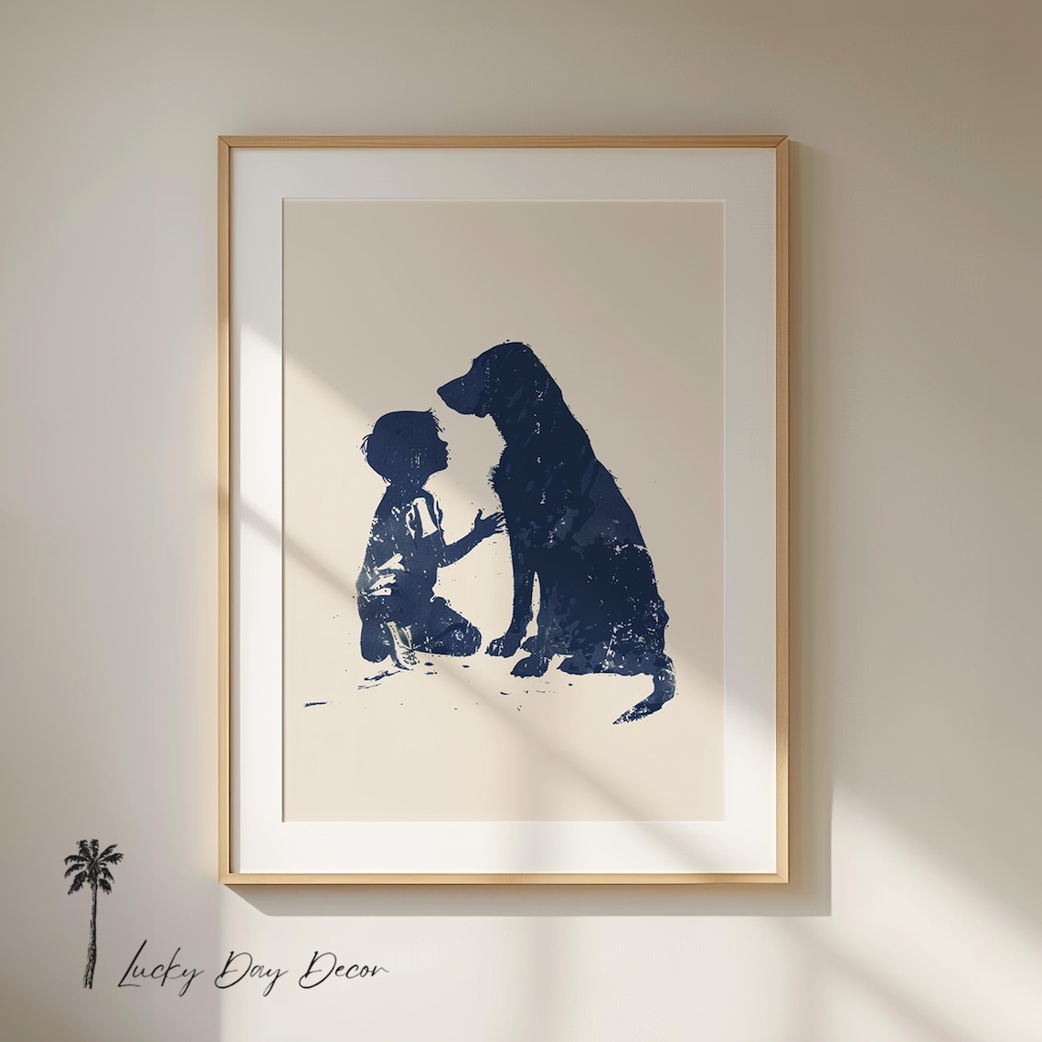 Boy and Dog Best Friends Navy Blue Minimalist Silhouette Art Poster
