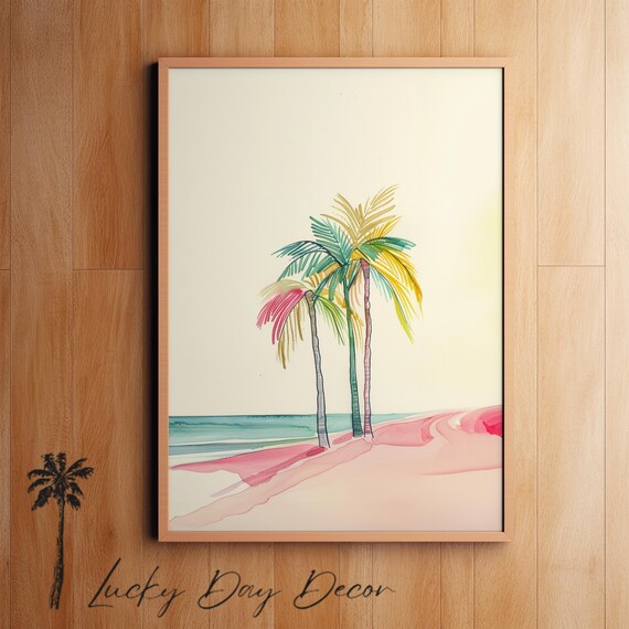Palm Trees On Pink Sand Beach Watercolor Coastal Tropical Art Print