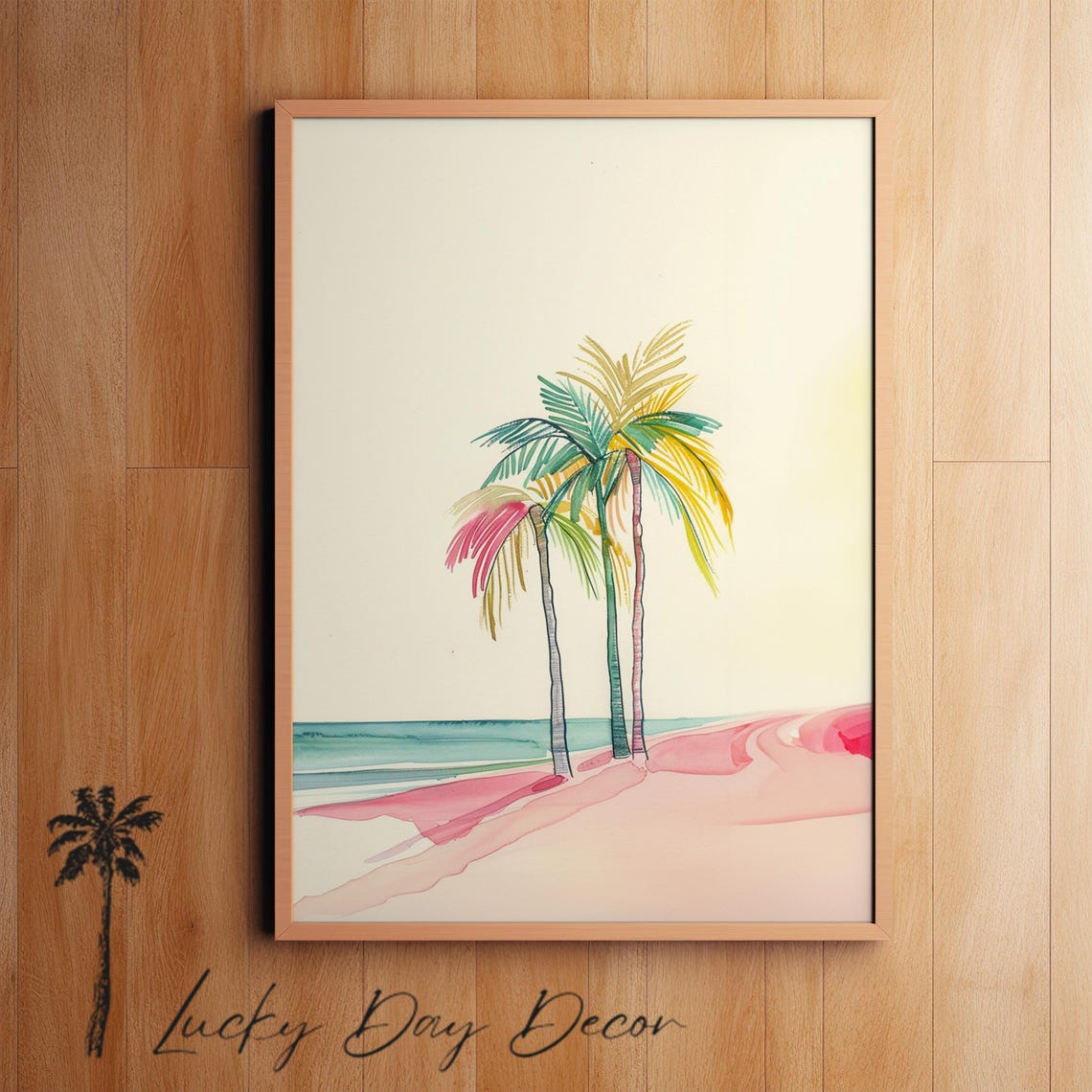 Palm Trees On Pink Sand Beach Watercolor Coastal Tropical Art Print