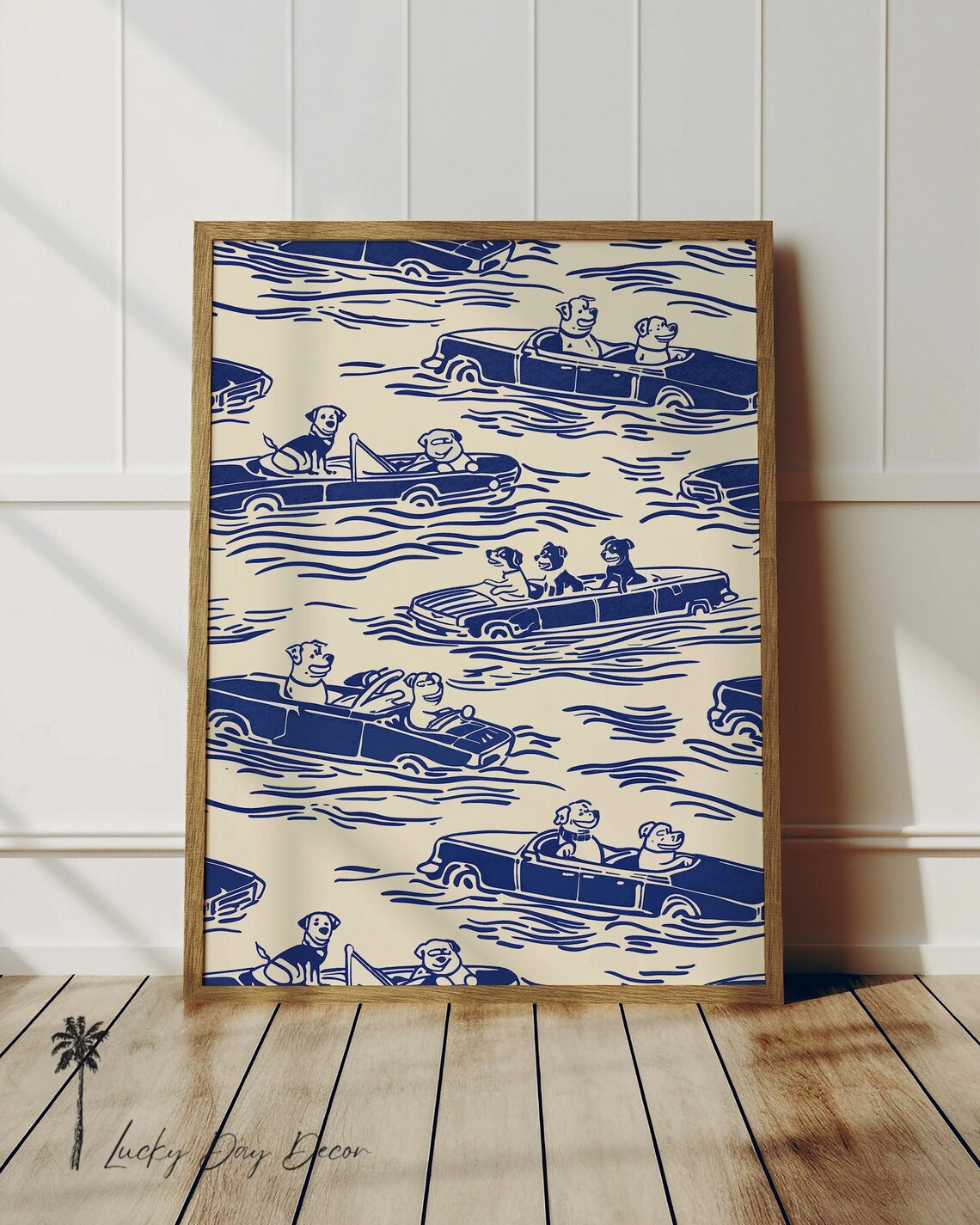 Nautical Blue Line Art Pattern of Dogs Driving Vintage Convertibles Poster