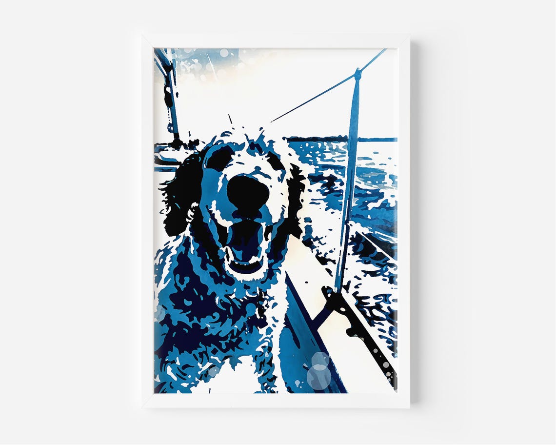 Happy Dog On Sailboat Bold Blue Duotone Pop Art Portrait Poster