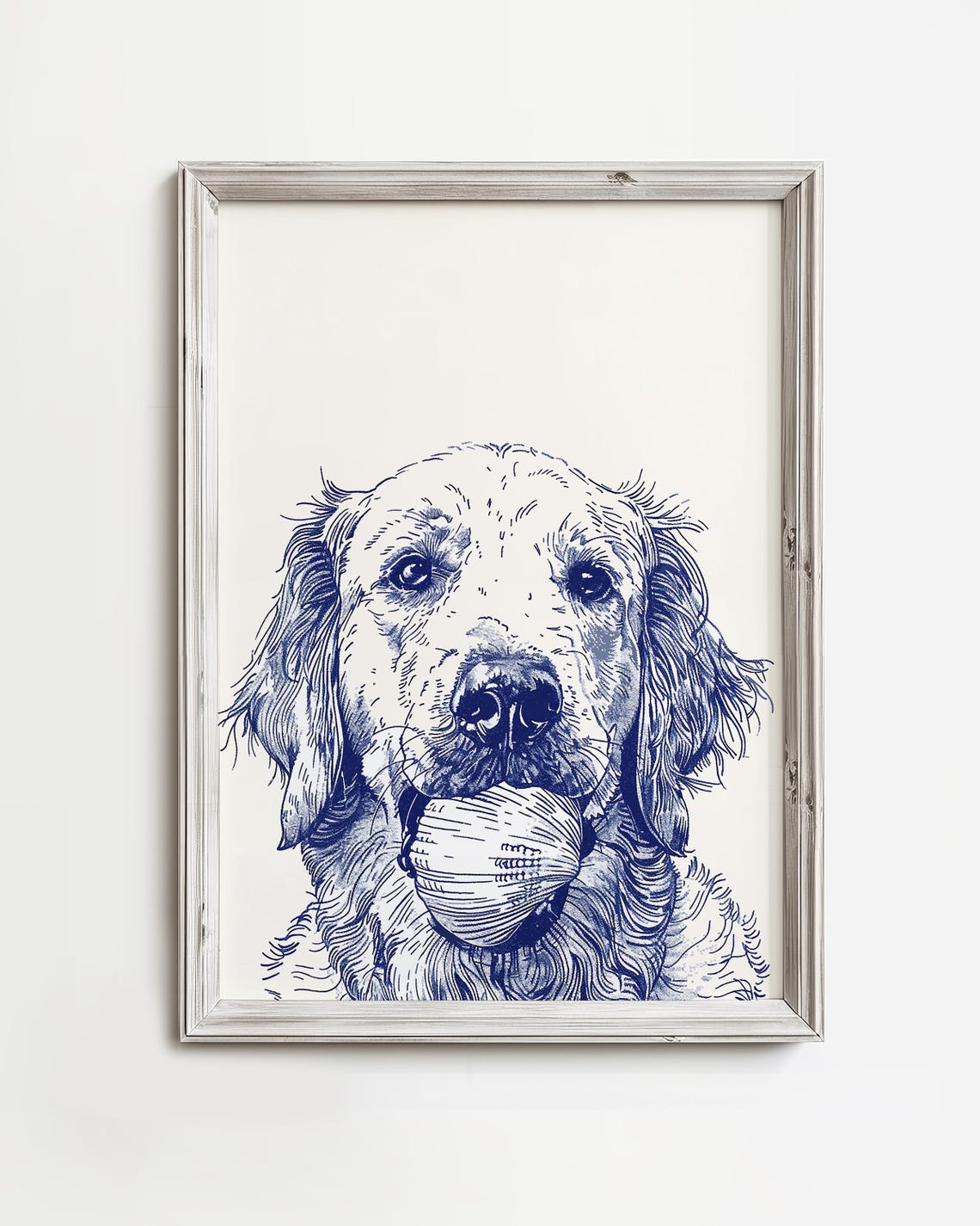 Golden Retriever Holding Seashell Navy Blue Sketch Dog Art Poster
