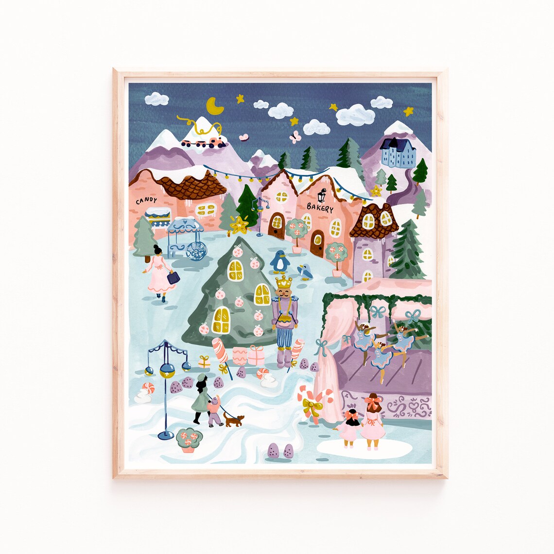 Christmas Village Watercolor Gouache Holiday Art Print
