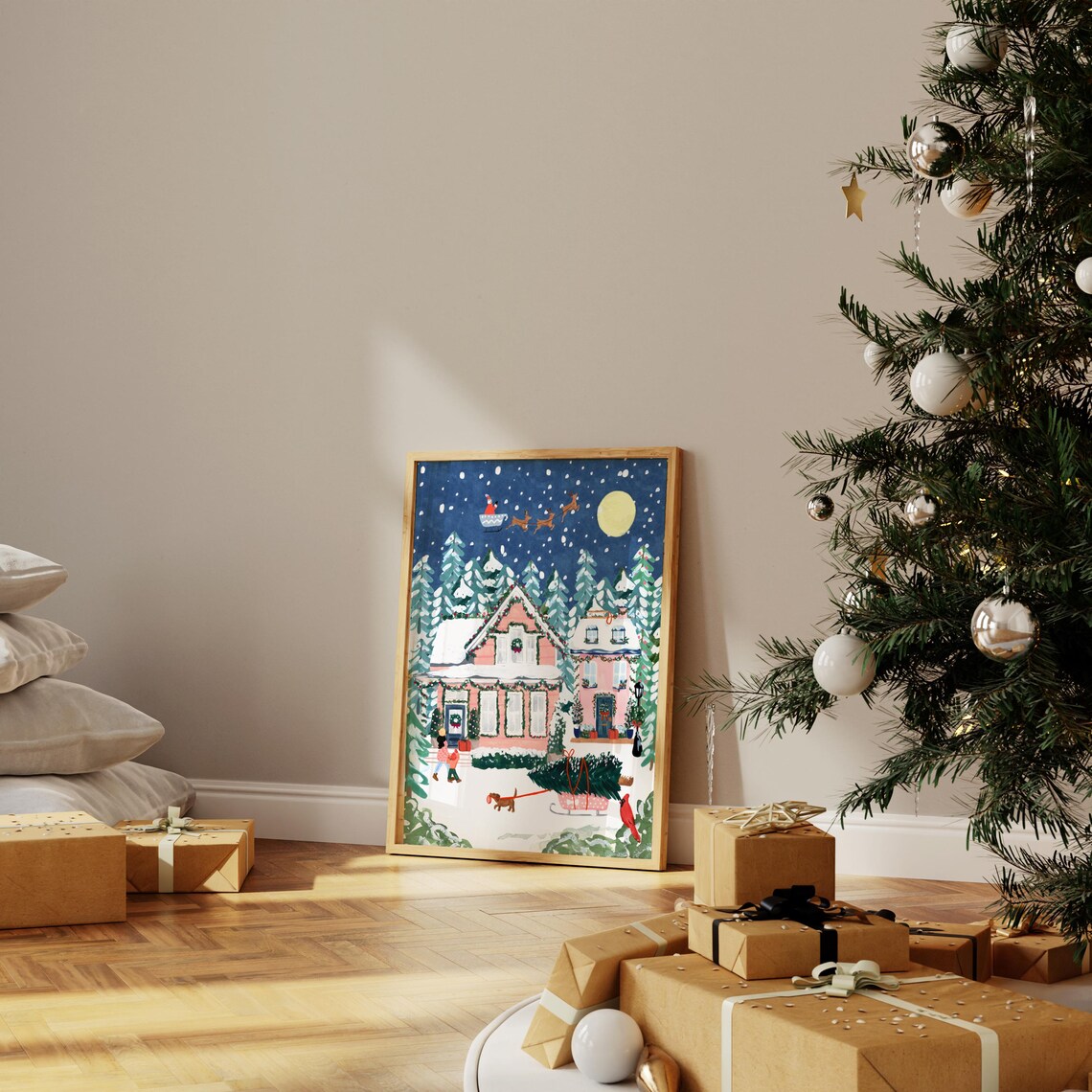 Christmas Night Santa in Starry Night Sky, Art Print - Image 3