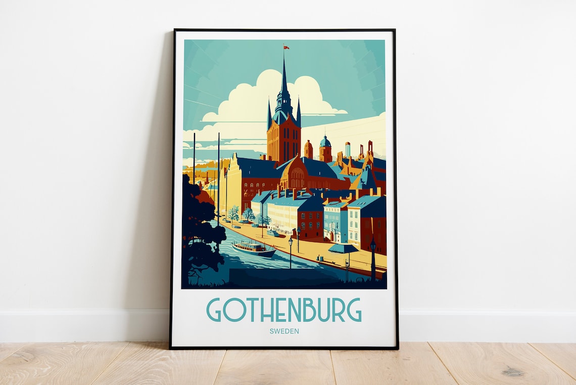 Gothenburg Sweden Harbor Church Spire Canal Boat Travel Poster
