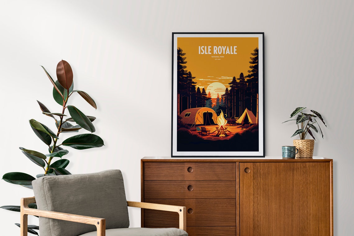 Isle Royale National Park Campfire Sunset Retro Travel Poster - Image 2