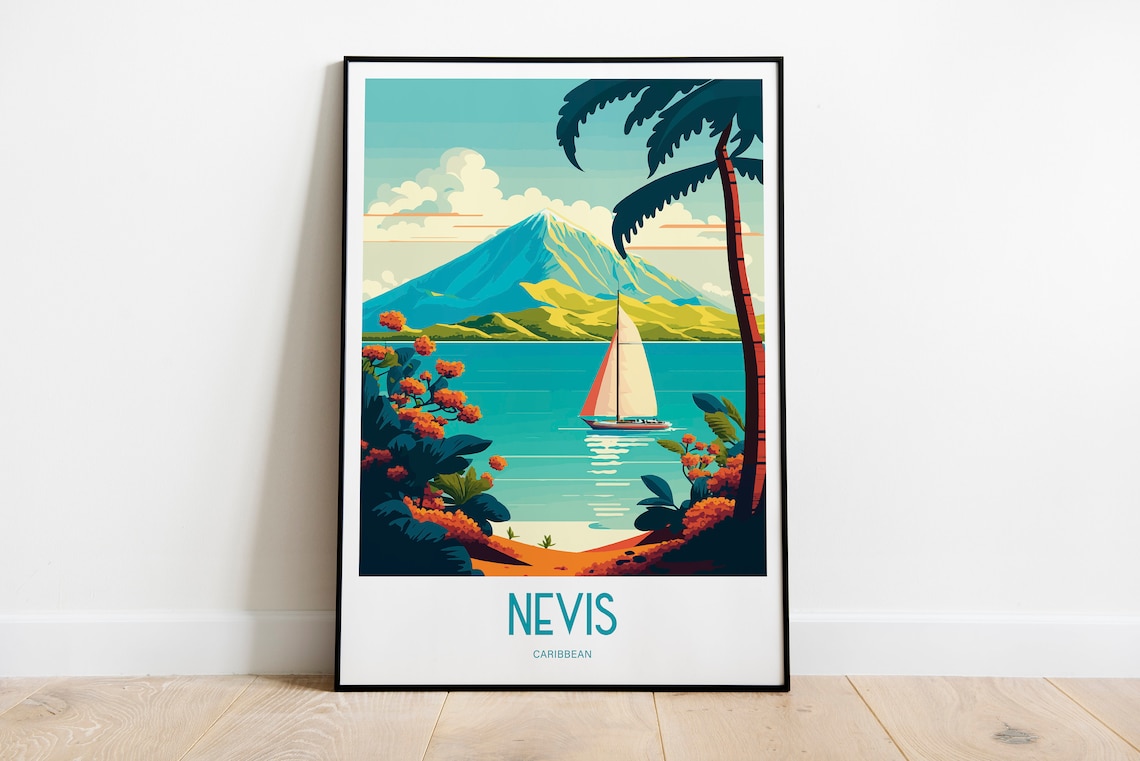 Nevis Caribbean Island Sailboat Volcano Vintage Style Travel Poster