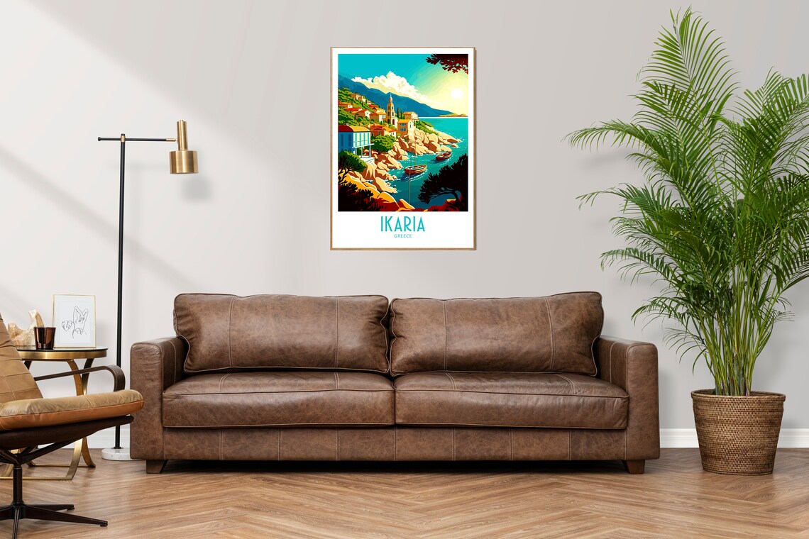 Vintage Ikaria Greece Travel Poster Coastal Village Boats Art - Image 3