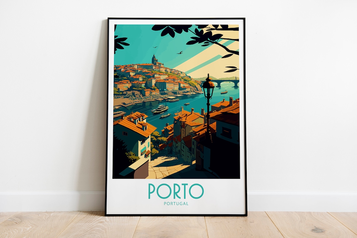 Porto Portugal Riverside Rooftops Bridge Sunset Travel Poster