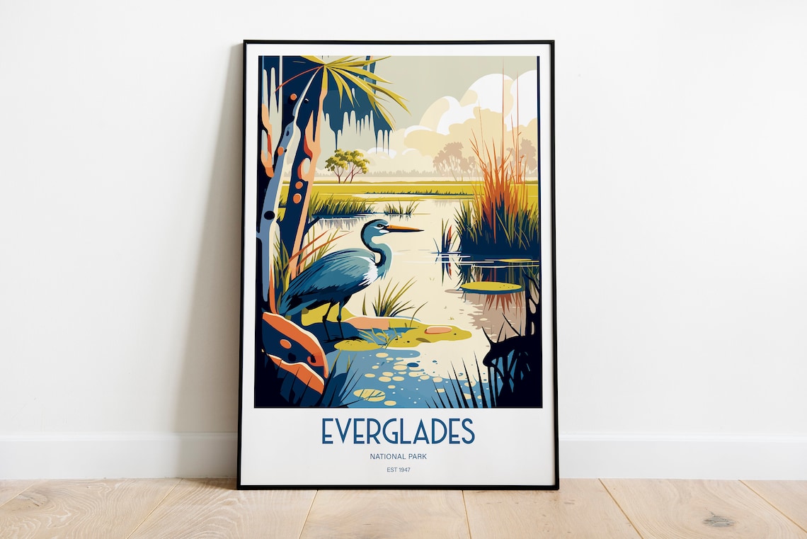 Everglades National Park Heron Wetland Sunrise Retro Travel Poster