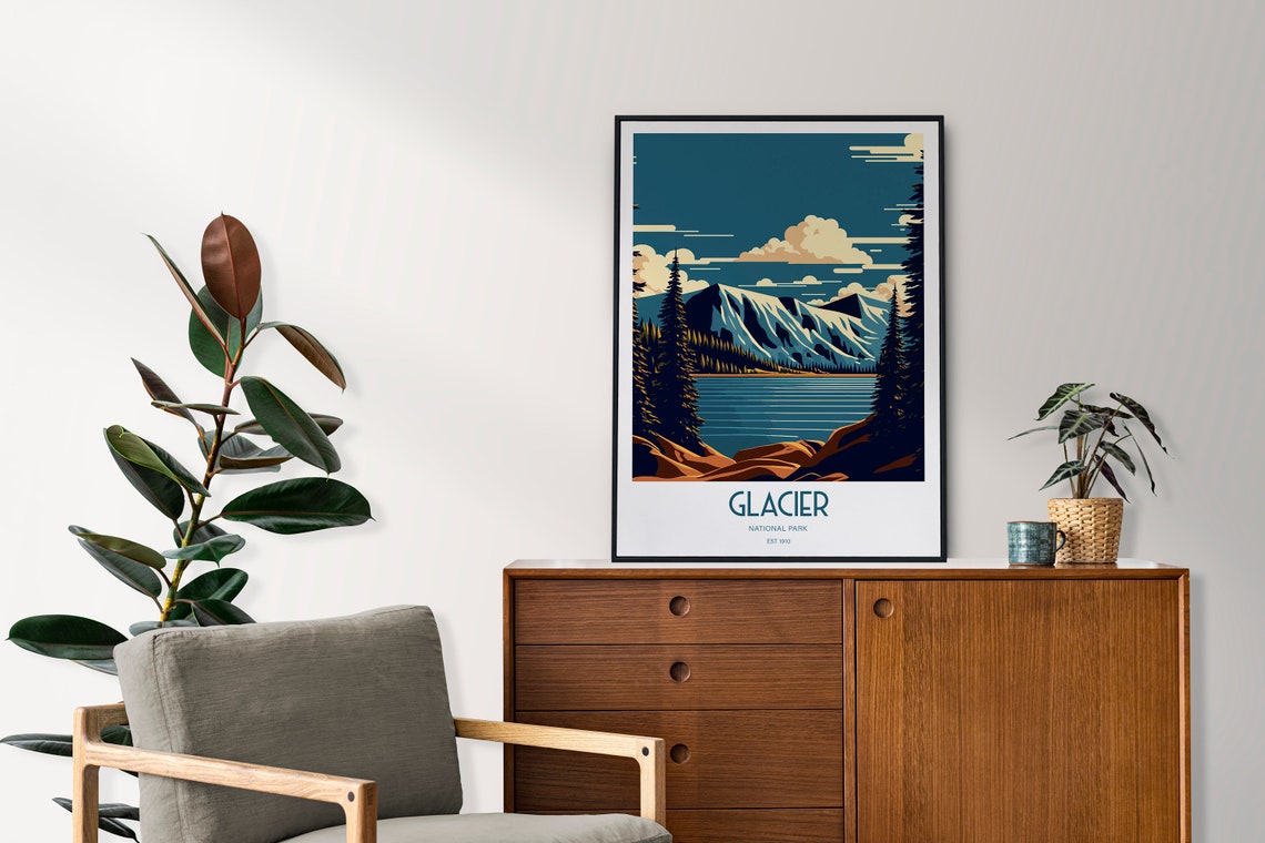 Glacier National Park Snowy Peaks Blue Mountain Lake Poster Art - Image 2