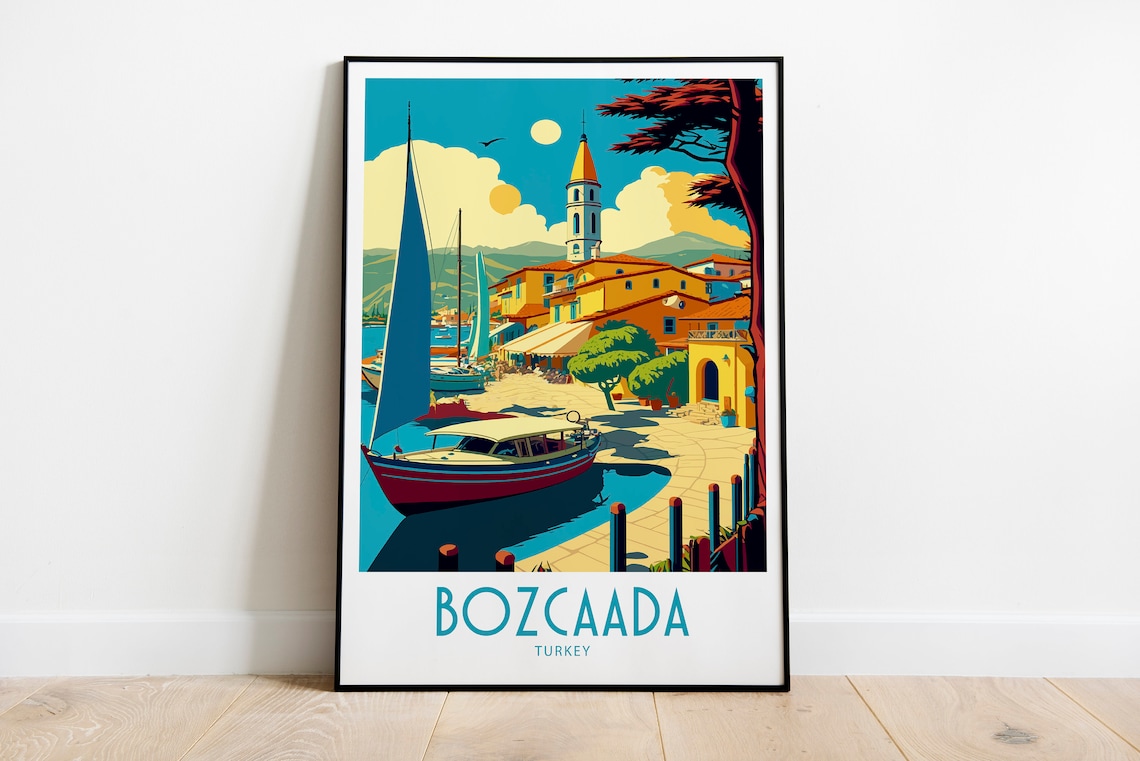 Bozcaada Turkey Harbor Sailboats Church Tower Vintage Travel Poster