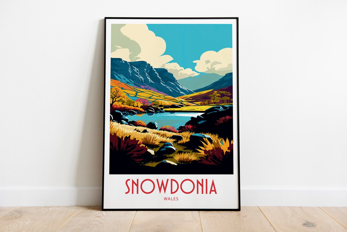Colorful Snowdonia Wales Retro Travel Illustration Poster for Home
