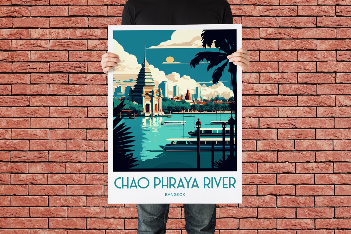 Chao Phraya River Bangkok Temple Boats Vintage Travel Poster Art - Image 2