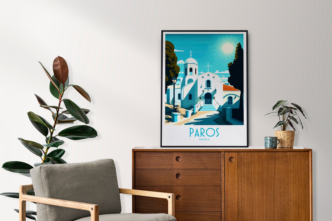 Vintage Paros Greece Travel Poster Whitewashed Church Sunshine Art - Image 4