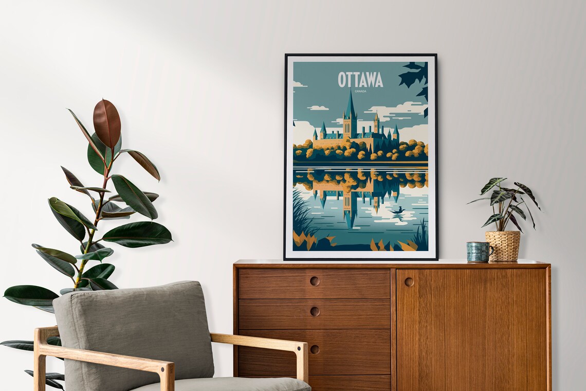 Ottawa Canada Parliament Spire Reflected River Vintage Travel Poster - Image 2