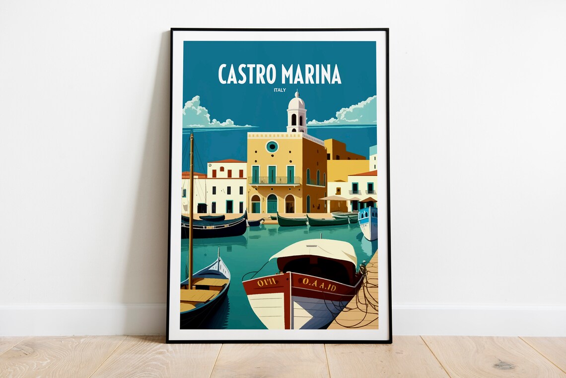 Castro Marina Italy Harbor Boats Yellow Buildings Travel Art Poster